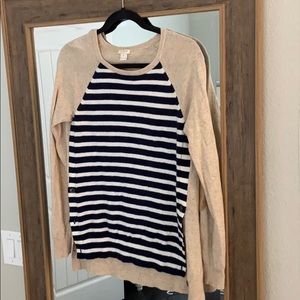 J Crew Navy & White Stripe Sweater W/ Elbow Patch